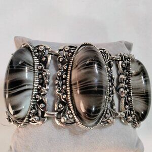 Elegant Cuff Bracelet Wide Statement Vintage Boho Black Gray Cabochons